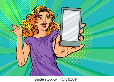 Surprised woman with smartphone. Digital advertisement. Some news or sale concept. Wow, omg emotion. Cartoon comic in pop art retro style.Girl with phone in the hand and discription Hot.