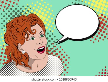 Surprised woman with a speech bubble. Pop art illustration. Advertising poster. Vector illustration