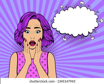 Surprised woman with speech bubble.Comic woman. Wow face female. Pop Art vintage vector illustration
