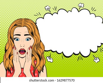 Surprised woman with speech bubble.Comic woman. Wow face female. Pop Art vintage vector illustration