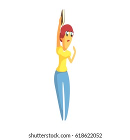 Surprised woman standing and holding book in her raised hand. Colorful cartoon character
