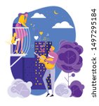 Surprised Woman Standing on Balcony and Listening Man who Playing Guitar and Singing Song or Serenade. Happy Romantic Couple in Love Silhouette. Night City with Park and Buildings on Background.
