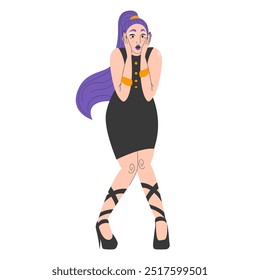 Mulher surpresa em pé vetor isolado. Ilustração de um belo personagem chocado e atordoado. Elemento de design para publicidade, grande desconto. Mulher de vestido preto com cabelo roxo. Garota incrível.