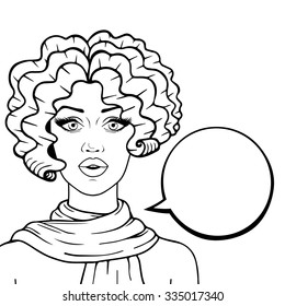 Surprised woman with think bubble for your text outlined, attractive retro woman vector illustration in pop art comic style