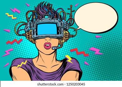 surprised woman in vr glasses. Pop art retro vector illustration vintage kitsch