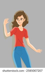 surprised woman waving her hand