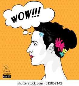 Surprised woman's face in profile. WOW bubble and expression.