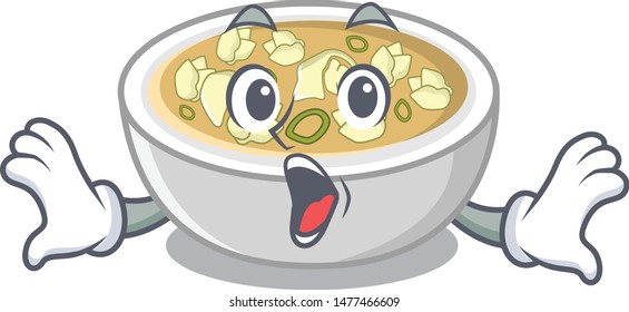 Surprised wonton soup in a cartoon bowl