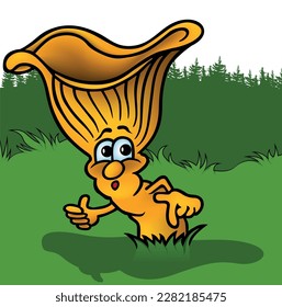 The Surprised Yellow Chanterelle Mushroom in a Grass - Colored Cartoon Illustration with Background, Vector