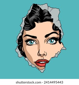 Surprised young attractive woman peeks through a hole made in wall or paper, vector illustration in vintage pop art comic style