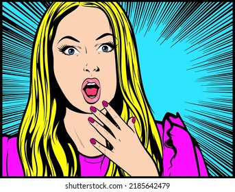 Surprised young blonde woman with open mouth with hand on the face on blue background. Excited girl looking worry. Pop Art Comic book style, retro, vintage illustration vector