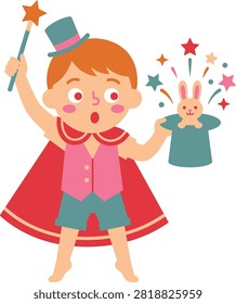 A surprised young boy dressed as a magician, wearing a cape and top hat, conjures a rabbit from a hat with a magic wand and sparkling stars.