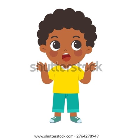 A surprised young boy with an open mouth and raised hands, perfect for themes of wonder, discovery, shock, or unexpected news in children.