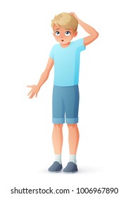 Surprised young boy scratching his head and shrugging shoulders. Cartoon style vector illustration isolated on white background.