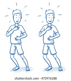 Surprised young boy in two emotions, happy, and startled. Hand drawn cartoon doodle vector illustration.
