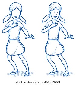 Surprised young girl in two emotions, happy, and startled. Hand drawn cartoon doodle vector illustration.