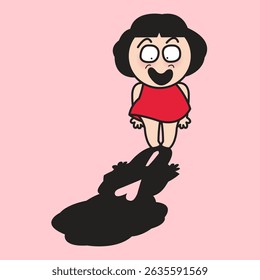 Sorprendida joven mirando su sombra con el corazón en forma de interior en la ilustración del carácter de la tarjeta de concepto del piso rosado