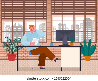 Surprised young man businessman, cartoon concerned character, siting at a table in office room and holding a hand near his head. The man is scared or nervous, worried about the document in hand