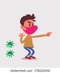 Un joven sorprendido vestido casualmente con máscara y virus COVID señala algo