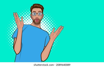 surprised young man in glasses looking wondering for somthing  pop art comics style.