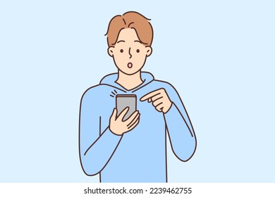 Surprised young man look cellphone screen shocked by message online. Stunned guy amazed with text or news on smartphone. Vector illustration. 