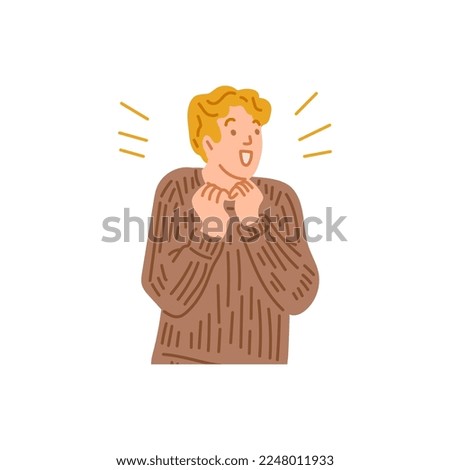 Surprised young man presses his hands to chest with expression of pleasant amazement on his face, flat cartoon vector illustration isolated on white background.