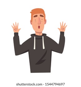 Surprised Young Man with Raised Up Hands, Male Character Facial Emotions Vector Illustration