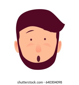 Surprised young man rosy face icon. Bearded, brown-haired male with confused facial expression flat vector isolated on white background. Hipster cartoon emotive portrait for user avatar illustration