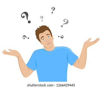 The surprised young man shrugs. Flat isolated illustration.