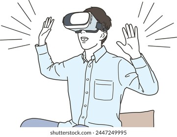 Surprised young man wearing VR goggles