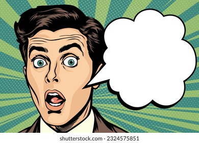 Surprised young man with wide open eyes, open mouth and speech bubble, vector illustration in retro pop art comic style