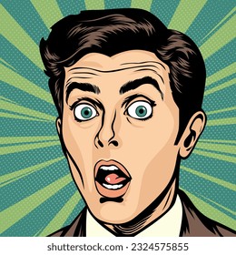 Surprised young man with wide open eyes and open mouth, vector illustration in retro pop art comic style