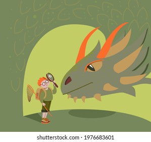 Surprised young naturalist looks at a dragon through a magnifying glass