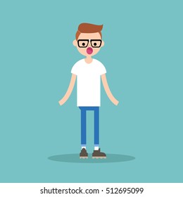 Surprised young nerd standing with open mouth / flat editable vector illustration