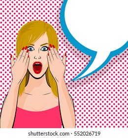 Surprised young sexy blonde comic girl pop art dot style. Human emotions face expression feelings. Vector illustration woman portrait, red lips, shocked emotion, empty speech bubble in comic book.