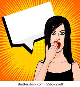 Surprised young sexy brunette comic girl pop art sunbeam style. Vector illustration woman portrait, red lips, shocked emotion, empty speech bubble comic book. Human emotions face expression feelings.