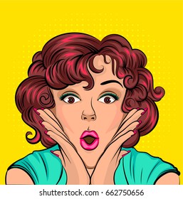 Surprised young woman doing wow. Vector comic pop art illustration