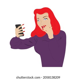 Surprised young  woman holding phone with open mouth. Vector illustration for sale banner, design element.