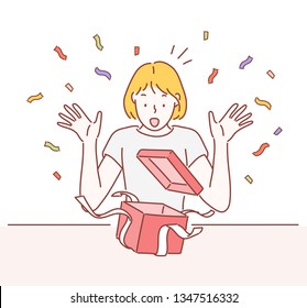 Surprised young woman with open gift box. Hand drawn style vector design illustrations.