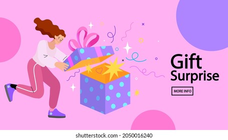 Surprised young woman with open gift box. Cartoon girl received present. birthday celebrations theme. Your best gift is your friends. vector design illustrations. 