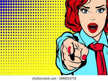 Surprised young woman with open mouth, red hair pointing finger WOW face. Pop Art retro comic book cartoon drawing vector illustration vintage