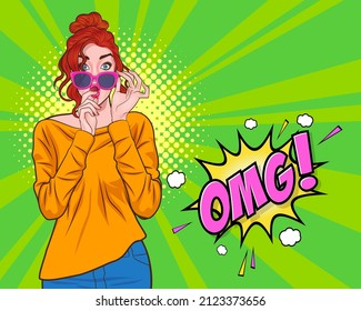 surprised young woman say OMG and hand touch glasses looking something  in Pop Art Comic Style