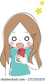 Surprised young woman with short sleeves while looking at the screen of the smartphone