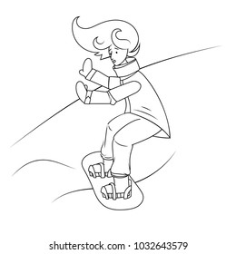 Surprised young woman snowboard rider in winter special mountaneering wear riding a snow board from the hill first time. Extreme sports funny cute cartoon person hand drawn line art.