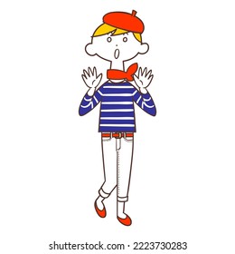 Surprised young woman wearing a striped shirt and wearing a beret