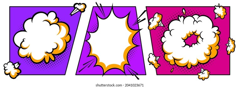 Surprising boom cloud in halftone background for sales and promotions. Purple and violet banner template for surprises and bursting events. Vector illustration in pop art style