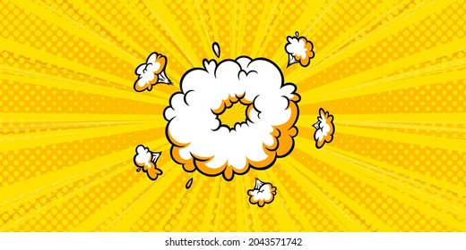 Sorprendente nube de auge en medio tono de fondo para ventas y promociones. Plantilla de banner para sorpresas y eventos de explosión. Ilustración vectorial en estilo de arte pop