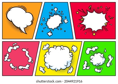 Sorprendente nube de auge en medio tono de fondo para ventas y promociones. Colorida plantilla de banner para sorpresas y eventos de explosión. Ilustración vectorial en estilo de arte pop
