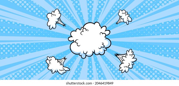 Sorprendente nube de auge en medio tono de fondo para ventas y promociones. Plantilla de banner azul para sorpresas y eventos reventados. Ilustración vectorial en estilo de arte pop