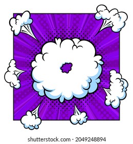 Sorprendente nube de auge en medio tono de fondo para ventas y promociones. Plantilla de banner violeta para sorpresas y eventos de explosión. Ilustración vectorial en estilo de arte pop